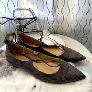 Expressions Snakeskin Lace Up Pointed Toe Flats | Size 8 | Brown Python Print